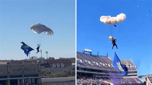 Parachutist caught in field goal netting at Armed Forces Bowl game