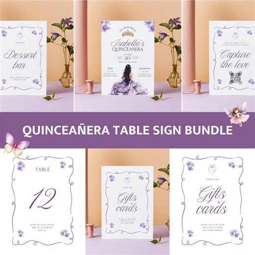 Lilac Quinceañera Table Sign Bundle, Editable Canva Template, Pastel Purple Quinceañera Party Set, Violet Quinceañera Signs Decor Invitation - Etsy