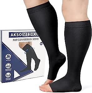 AKSO MEDICOS Plus Size Compression Socks (S-7XL) 20-30 mmHg Wide Calf Open Toe Compression Support Stocking for Improve Circulation Varicose Veins Swelling Edema Open-Toe Black Small