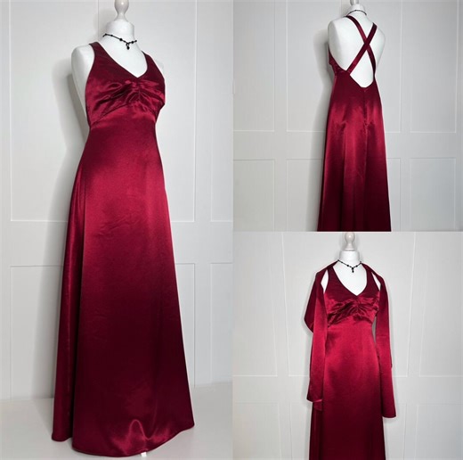 Vintage Prom Dress, Retro Graduation, 1990s Red Satin, Evening, Formal, Party, Ball, Cruise, Black Tie, Special Occasion Dress & Scarf UK 14 - Etsy