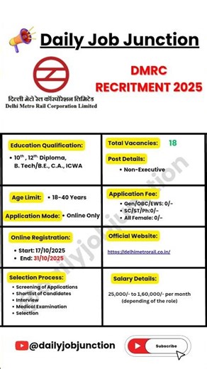DMRC Recruitment 2025| New Job Vacancy 2025| Daily Job Junction #shorts #dmrc