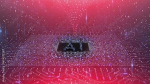 Loop red digital AI chip motherboard with binary numbers motion background.