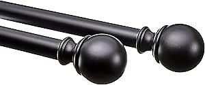 Amazon Basics Adjustable Curtain Rod for Windows, Round Finials, Easy Installation, Sturdy, 1-Inch Rod, 36" to 72", Black, 2-Pack
