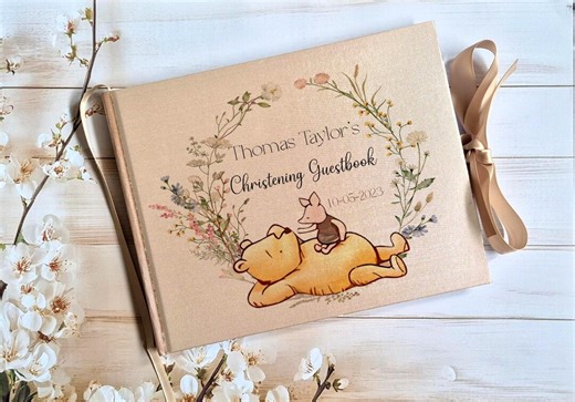 Personalized Golden Christening Pooh Bear Pig Guestbook, Floral Style Keepsake Album - Etsy