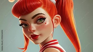 Cartoon digital avatars of Tumbling Tina A fierce cheerleader with a red ponytail and bold makeup, exeing flawless tumbling passes and stunts.