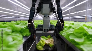 A high-tech robot harvesting fresh lettuce in a modern indoor farming facility, showcasing the integration of advanced technology in agriculture.