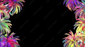 Frame of fluorescent colorful palm trees on transparent alpha channel background in a seamless loop. Perfect screen for summer scenes.