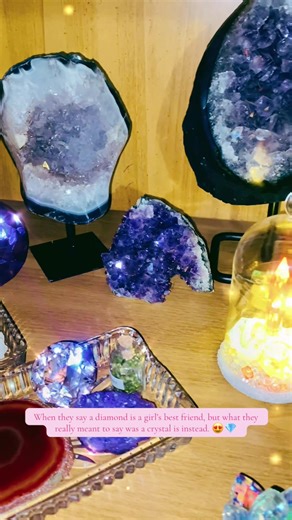 My growing crystal collection. Amethyst is my favorite! 💜🖤 @Taylor Swift as well and definitely need to get me some opalite! #taylorswift #swiftie #crystals #fyp #amethyst