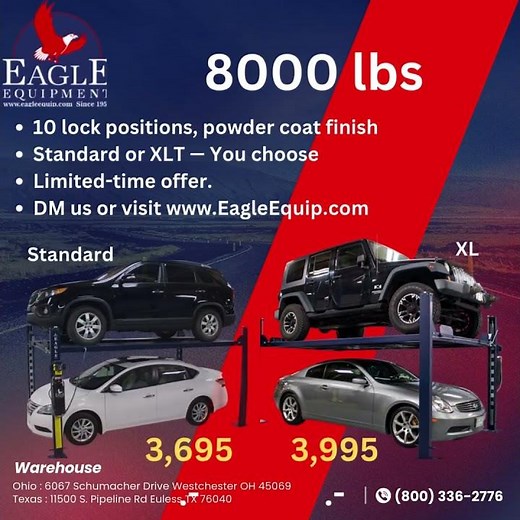 Eagle 8000lbs 4-post lift turns a messy garage into one car above, workspace below