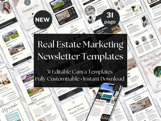 Real Estate Newsletter Templates Canva | 31 Editable Realtor Marketing Kit | Mailchimp Newsletter | Open House Listings Bundle - Etsy