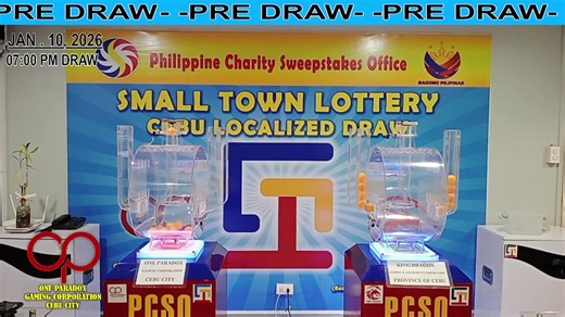 January 10, 2026 / Saturday 07:00 PM DRAW Pre-Draw / Actual Draw Small Town Lottery Cebu Localized Draw One Paradox Gaming Corporation Small Town Lottery (Cebu City) King Dragon Gaming and Amusement Corporation (Province of Cebu) Philippine Charity Sweepstakes Office - Cebu Branch | PCSO Cebu STL Localized Draw - Cebu City and Cebu Province
