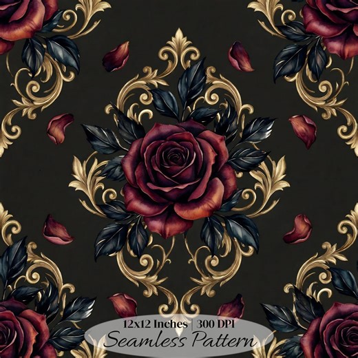 Dark Burgundy Rose Damask Seamless Pattern, Gothic Floral Digital Paper, Maximalist Dark Romance Fabric, Junk Journal Print, Commercial Use - Etsy