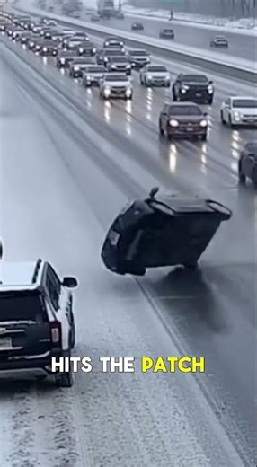 Black Ice Chaos: Out-of-Control Car Spins Past Pedestrian on Icy Highway