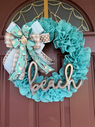 Beach Themed Burlap Wreath, Beach Condo Door Decor, Beach House Decor, Teal Home Decor, Coastal Wreath, Nautical Wreath, Gift for Her - Etsy