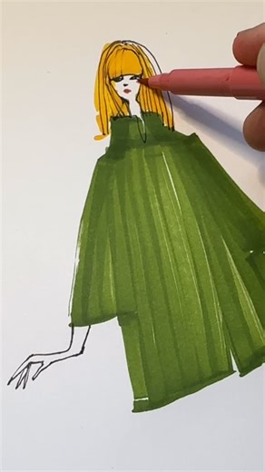 Brandon Campbell 🖋 on Instagram: "Canopy Green Cape Coat 🎨 Pantone Markers by @royaltalens 🖊️ Microns by @sakuraofamerica 🤍 Signo white gel pen by @uniballco #fashionillustrations #markersketch #drawingprocess #1960sfashion #penandink #drawingvideo"