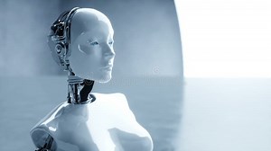 Futuristic humanoid female robot is idle. Concept of future. Realistic 4K animation.