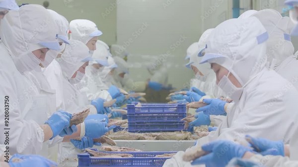 Close up food industry products meat chicken fillet production line in plastic packaging on the conveyor. People working with packaging and cutting of meat in modern food factory