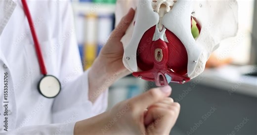 Gynecologist shows female pelvis anatomical model explaining reproductive system aspects. Woman uses hands to illustrate key points for education