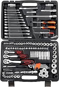 121 Piece Socket Wrench Standard (Sae) And Metric 1/4, 3/8 And 1/2 Drive Socket Set72Tooth Ratchet Wrench, (8-19mm) Openen Ratcheting Spanner, Fit For Diy Car Motorcycle Repair,Plastic Toolbox Storage