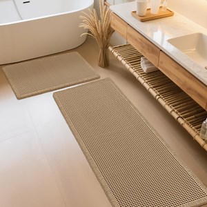 Waffle Bath Mat Set 2 Piece Beige,Woven Modern Bath Rug Mats, Absorbent Non Slip Bath Floor Mat, Soft Washable Boho Bath Rugs with Tassels for Bathroom, Bedroom, Kitchen,Tub
