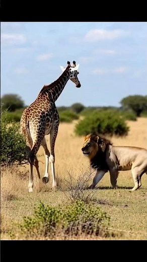 Epic Showdown: Giraffe Defends Itself from a Bloodthirsty Lion!