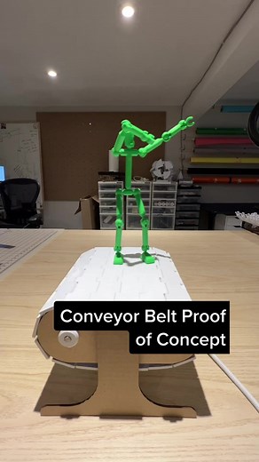 A proof of concept conveyor belt 🥋 ••• This is the first step towards building a new kinetic sculpture concept. In Engineering, it’s common practice to break a project down into it’s parts. One of the parts of this sculpture is a large conveyor belt. Instead of full-committing to the entire design, I decided to create a small proof of concept so I can learn quickly from my mistakes. This is functional, but it’s not perfect, so I will definitely be iterating on this design for the final version 