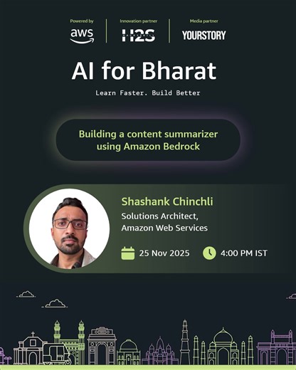 Build a real AI application in just a few hours - learn by doing. The AI for Bharat Learning Phase is officially moving into hands-on mode! We are kicking off our first hands-on lab on 25th November 2025 at 4:00 PM IST Topic: Building a content summarizer with Amazon Bedrock. This workshop, led by Shashank Chinchli, Solutions Architect, Amazon Web Services will give you practical experience with Amazon Bedrock and foundational model integration. What to expect? ➡️️ Learn the foundations of build