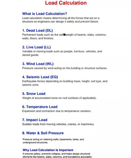 Vignesh Waran Jai on Instagram: "Load Calculation What is Load Calculation? Load calculation means determining all the forces that act on a structure so engineers can design it safely and prevent failure. 1. Dead Load (DL) Permanent loads such as the self weight of beams, slabs, columns, walls, floors, and finishes. 2. Live Load (LL) Variable or moving loads such as people, furniture, vehicles, and stored goods. 3. Wind Load (WL) Pressure caused by wind acting on the building or structure surfac