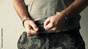 Handcuffed soldier in military army clothes. Prisoner of war or arrested terrorist, close up of hands in handcuffs.