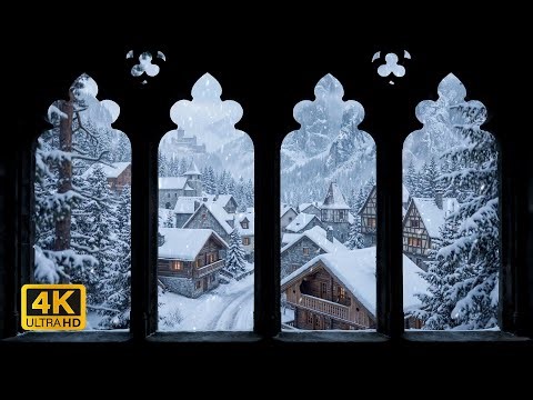 4K Winter Medieval Village Window View ❄️ Snowstorm Ambience, Calming Wind Sounds for Sleep, Study
