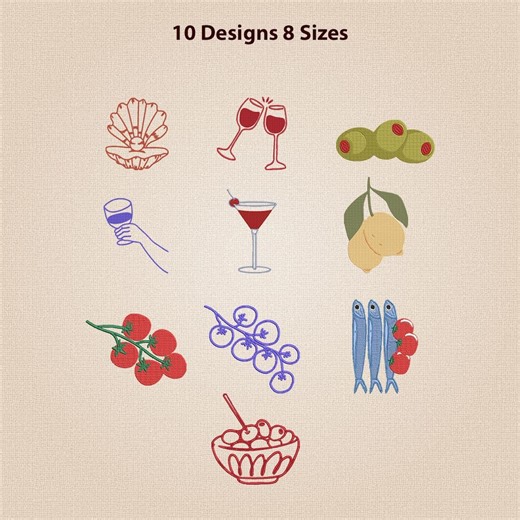 Italian Summer Food Embroidery Design Bundle, Wine Seafood Fruit (instant Download) - Etsy