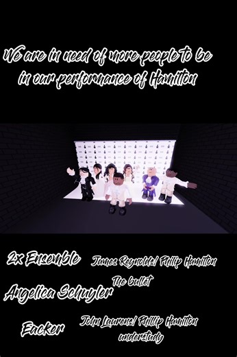 We’re officially opening casting for our next round of roles in Hamilton: The Roblox Production! If you’ve been waiting to join the company, this is your chance. We’re looking for talented, dedicated performers who can show up, stay in character, and bring powerful energy to the stage. Available Roles: • 2x Ensemble – strong movement, flexible performers • Angelica Schuyler – confident vocals stage presence • Eliza Hamilton (Understudy) – emotional delivery reliability • The Bullet – sharp, prec
