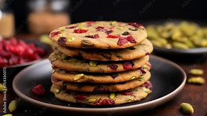 Stack of cookies with raisins and nuts on top of plate