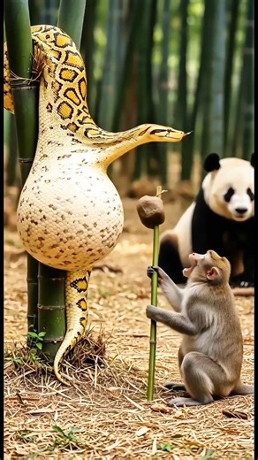 🐼Panda Calls the Monkey Hero to Save Her Baby from an Albino Python #animals #help #monkey