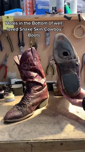There’s a hole in my boot! Repairing the soles on some snake skin cowboy boots #countryboy #cowboyboots #shoerepair #cowboy #boots