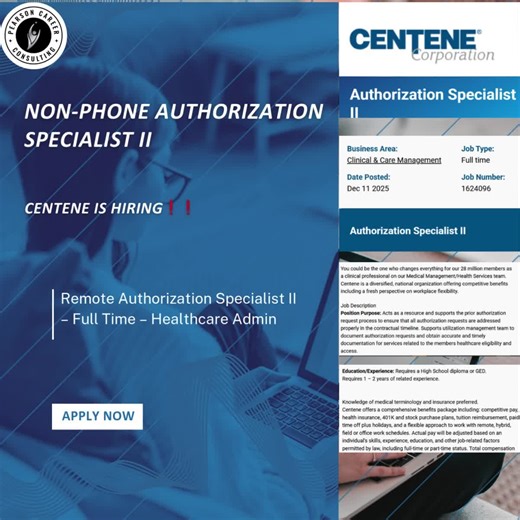Non-Phone Authorization Specialist II 📌 Centene is HIRING ❗❗ 📍 Remote (Location Not Specified) 💼 Full-Time | Clinical & Care Management 💰 Pay: Not Listed (Competitive with full benefits) 📩 Apply Here: https://jobs.centene.com/us/en/jobs/1624096/authorization-specialist-ii/?utm_source=linkedin.com&utm_medium=social_media&utm_campaign=always_on-full_scrape_&utm_content=job_posting&ss=paid&source=LinkedIn Join Centene as an Authorization Specialist II! 🏥✨ Support prior authorizations, verify 