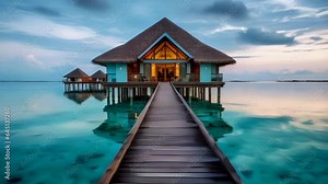 Maldives Islands Water Villas and Overwater Bungalows in Paradise, Romantic Honeymoon Getaway, Stunning Travel Scenic Landscape Wallpaper, Generative A