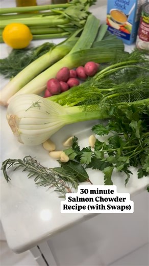 Flash back to living in the Pacific NW Creamy Salmon Chowder (Dairy-Free Cozy AF) 🥣🐟 This salmon chowder is rich, warming, and surprisingly light. Fresh salmon, fennel, and herbs come together in a one-pot meal you can have on the table in 30 minutes—no dairy needed. Comfort food that still feels good in your body. Healthy swaps included 👇 ⸻ Salmon Chowder Recipe Ingredients • 2–3 tbsp olive oil (or butter) • 1 onion, diced (or sub: 2 leeks, sliced, or 2 fat shallots) • 1 small fennel bulb, d