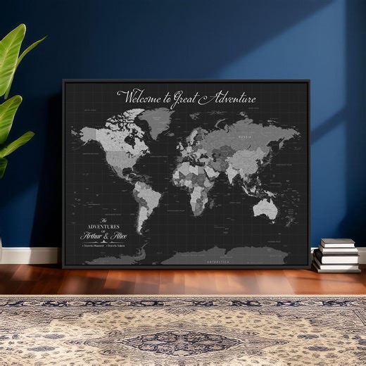 Minimal Dark World Map Wall Art, Personalized Explorer Map Canvas, Poster Print or Floating Frame Office & Home Decor - Etsy