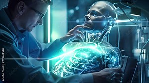 Medical technology, showcasing a doctor using AI-powered robots for diagnosis, care, and enhancing precision in patient treatment. Future of advanced healthcare Stock Video