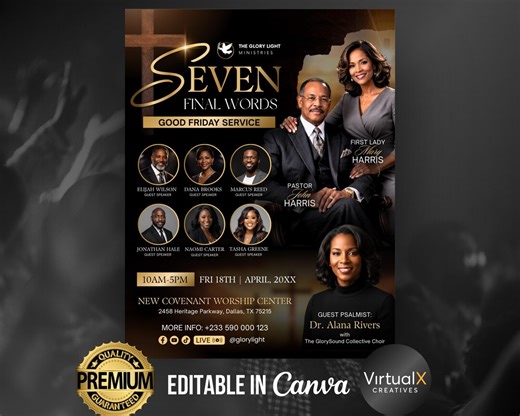 Good Friday Church Flyer Template | Seven Last Words Service Program | Easter Sunday Event | Editable Black Gold Worship Service | Canva - Etsy