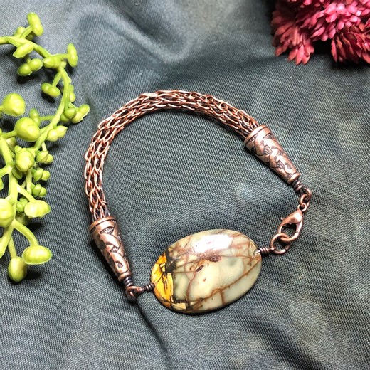 Viking Knit Copper Bracelet With Dragon’s Vein Jasper, Hand Woven Wire Weave Bracelet, Antiqued Polished Copper - Etsy