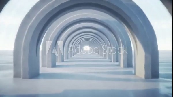 A repeating series of arches creates a perspective of depth and symmetry, leading the eye towards a bright, distant point of illumination at the end of the structure.
