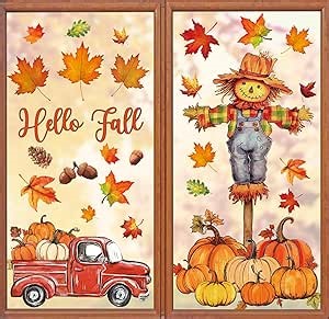 Whaline 6 Sheets Thanksgiving Fall Window Clings Watercolor Truck Pumpkin Maple Leaves Scarecrow Window Decals Double-Sided Reusable Stickers for Autumn Harvest Party Home Windows Glass Mirror Decor