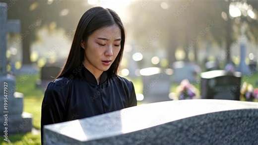 Grieving asian woman in black mourning clothes stands at a tombstone in a cemetery at sunrise, soft light, solemn mood
