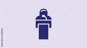 Blue Gives lecture icon isolated on purple background. Stand near podium. Speak into microphone. The speaker lectures and gestures. 4K Video motion graphic animation