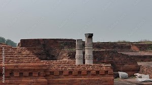 Aerial drone shot of the ancient ruins of Nalanda University in Bihar, India, UNESCO World Heritage Site and historic center of learning