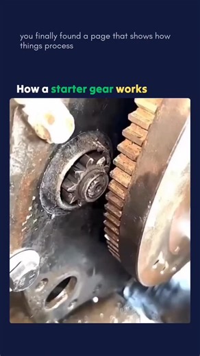 How Things Process on Instagram: "During engine startup, the starter gear mechanism uses electrical input from the ignition to push a small pinion gear forward until it meshes with the flywheel. The starter motor then rotates this pinion, transferring torque to the flywheel and turning the crankshaft to initiate combustion. Once the engine begins running under its own power and exceeds the starter motor speed, the mechanism automatically disengages and retracts the gear to avoid over-speeding an