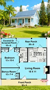 🌿✨Check out this charming single-story house with a light blue exterior, dusty blue roof, and crisp white trim – perfect for that fresh, sunny vibe! 🏡 Home Features: • Spacious front porch (30 x 6) & rear porch (20 x 6) plus a covered/screened porch (10 x 6) • 1 bedroom (12 x 12-6) with a bonus room (12 x 7-4) for extra space • Open kitchen (12-6 x 9-2) & living room (18 x 11) with fireplace • Full bathroom with tub/shower combo✨🌿 #inspiration #dreamhome #homedesign 🏡Ctto🏡 | 𝐓𝐇𝐄 𝐂𝐎𝐙𝐘