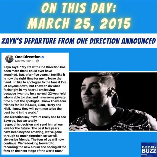 #OnThisDay: Ten years ago, #ZaynMalik rocked Directioners, and the music world, with news that he was leaving #OneDirection. It was especially shocking because they were in the middle of their ‘On the Road Again’ tour. Zayn apologized to fans in a statement on the band’s Facebook page, but explained he wanted to enjoy private time out of the spotlight as a normal 22-year-old. His statement was posted along with the band’s official statement, saying they were sad to see Zayn go but respected his 